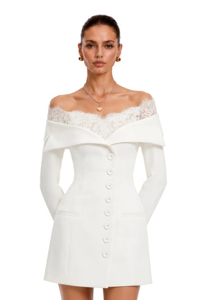 Vianne White Off Shoulder Mini Dress with Lace Trim