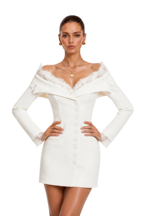 Nadia Mini Dress White Off Shoulder with Lace Trim