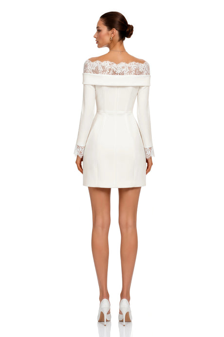 Nadia Mini Dress White Off Shoulder with Lace Trim