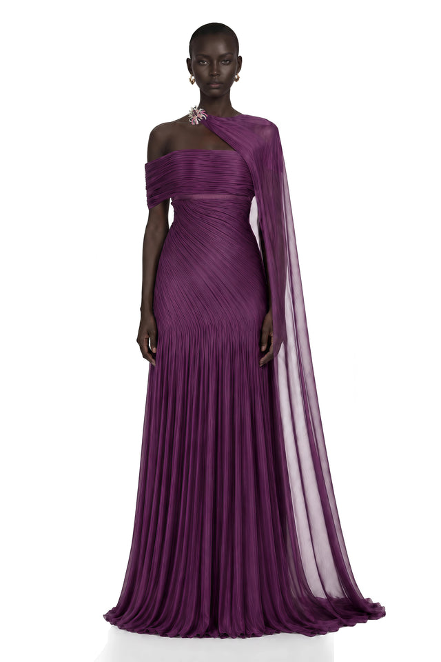 Victoire Plum Purple Asymmetric Draped Cape Maxi Gown