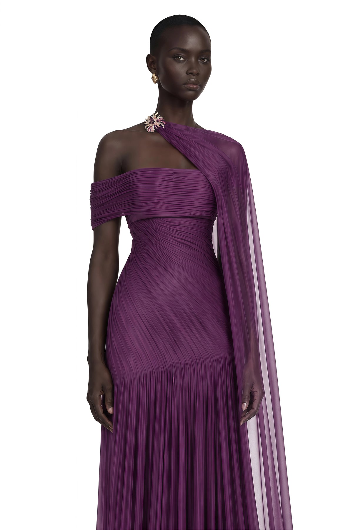 Victoire Plum Purple Asymmetric Draped Cape Maxi Gown