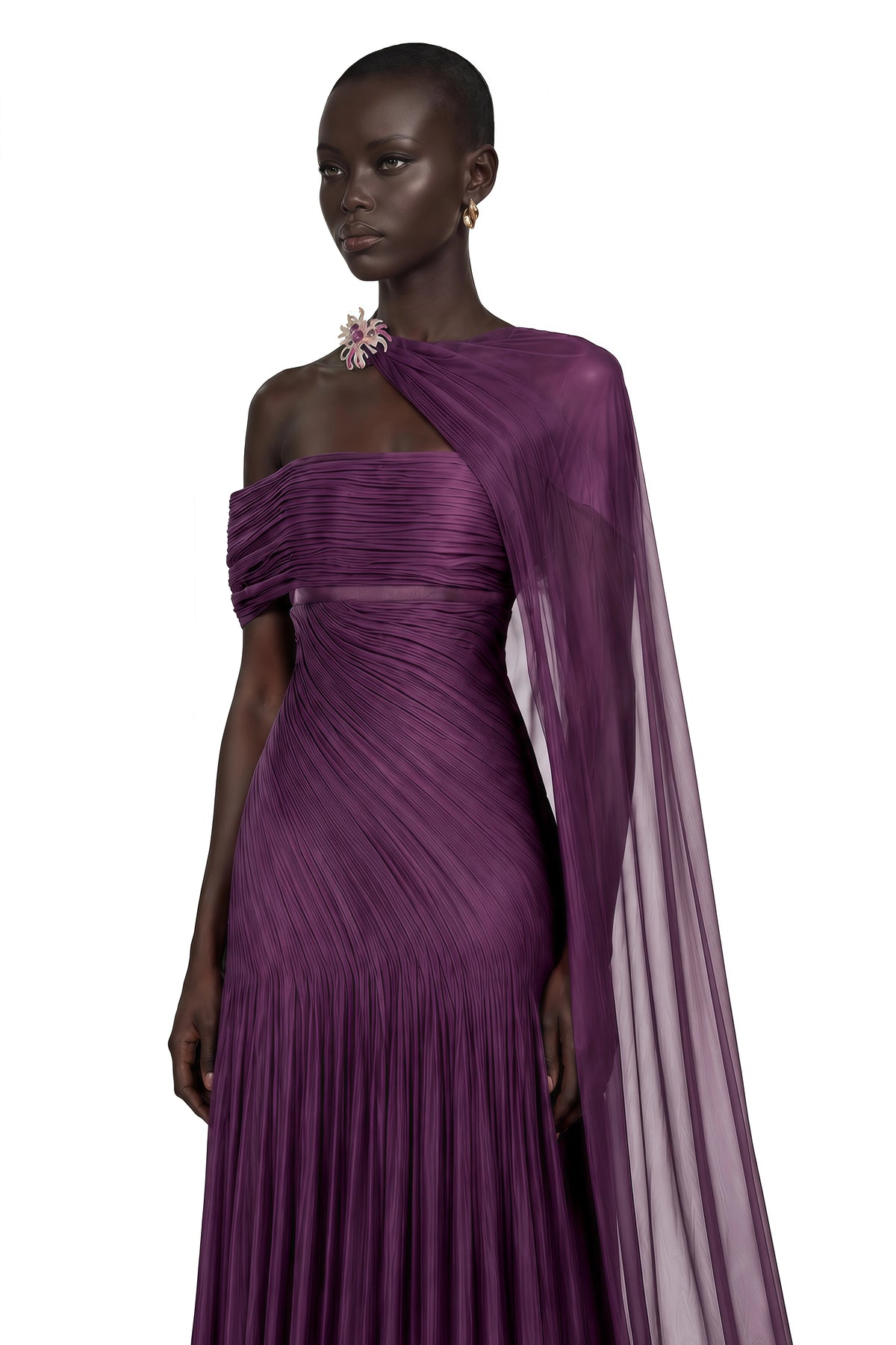 Victoire Plum Purple Asymmetric Draped Cape Maxi Gown