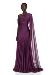 Victoire Plum Purple Asymmetric Draped Cape Maxi Gown
