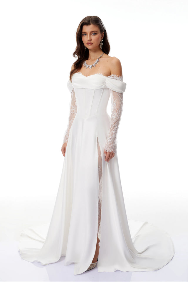 Víctor White OffShoulder Lace Panel Maxi Dress