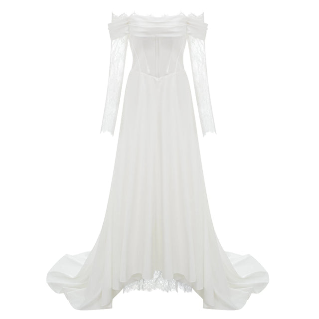 Víctor White OffShoulder Lace Panel Maxi Dress