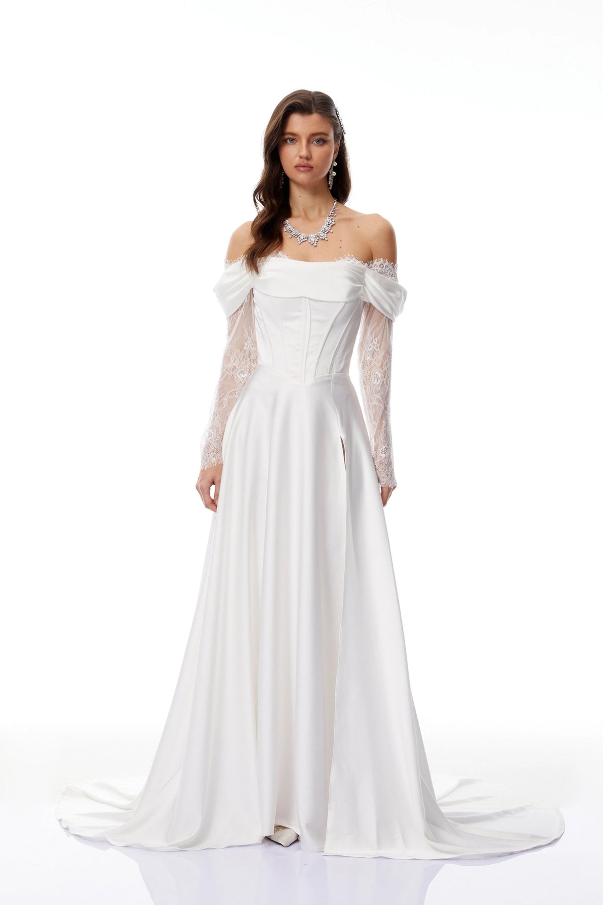 Víctor White OffShoulder Lace Panel Maxi Dress