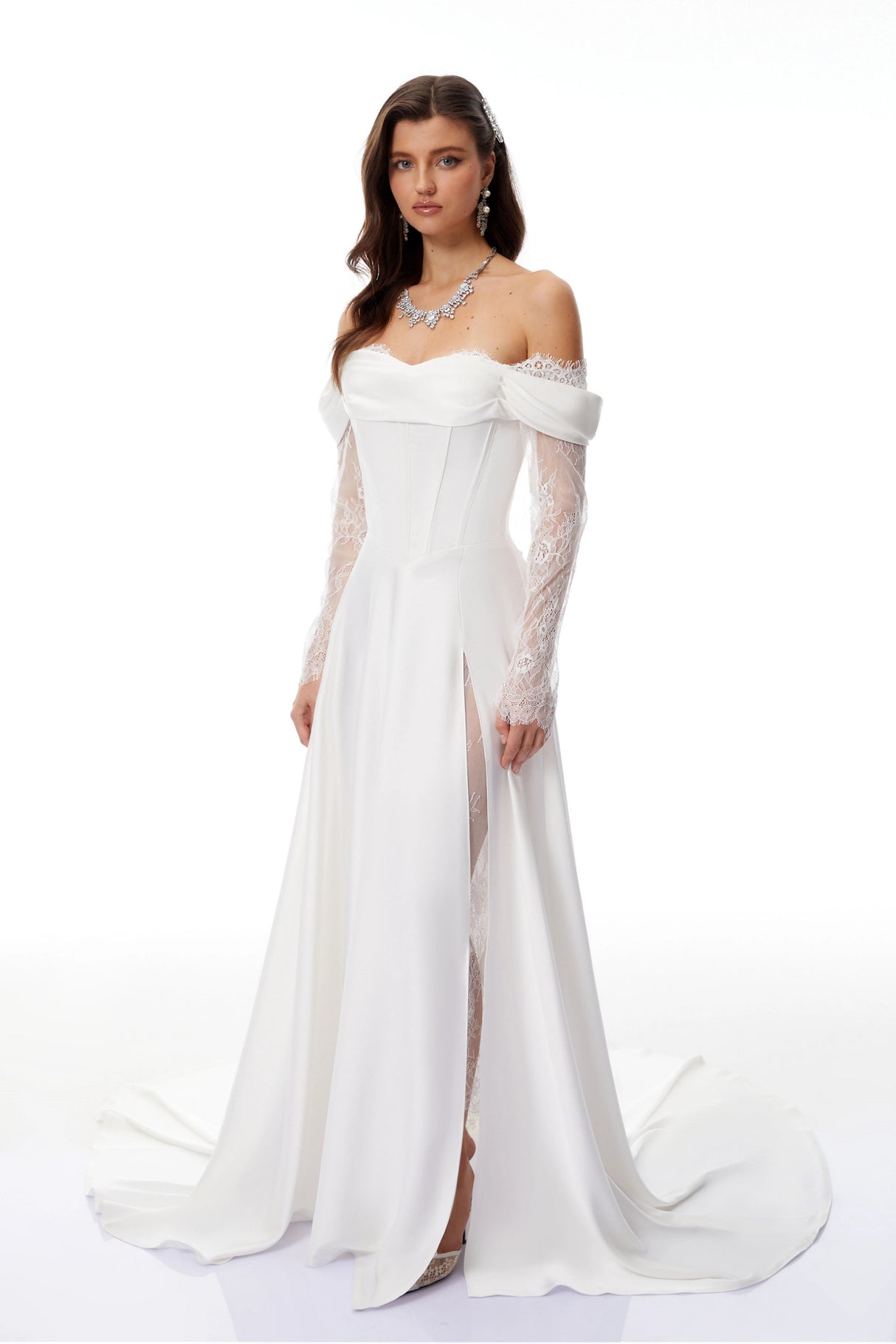 Víctor White OffShoulder Lace Panel Maxi Dress