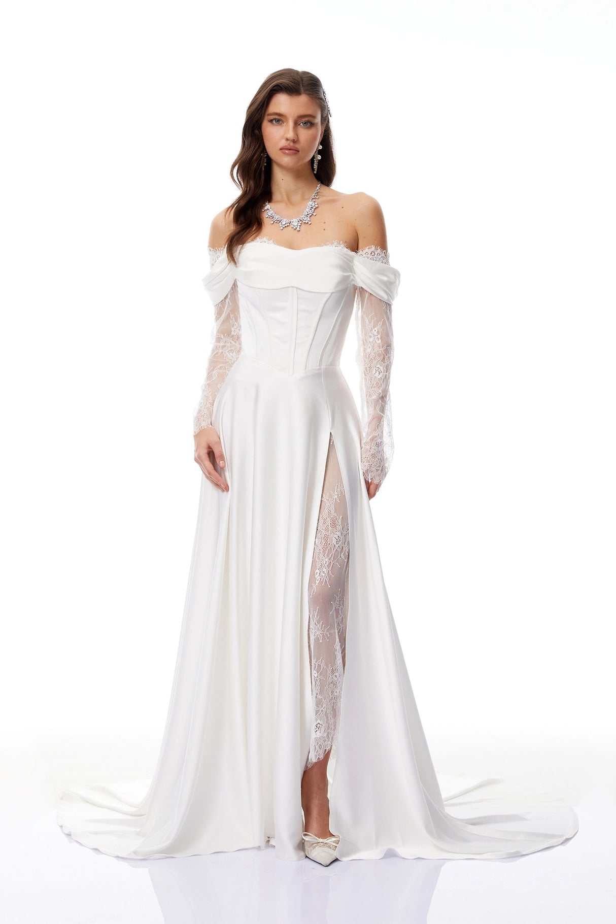 Víctor White OffShoulder Lace Panel Maxi Dress