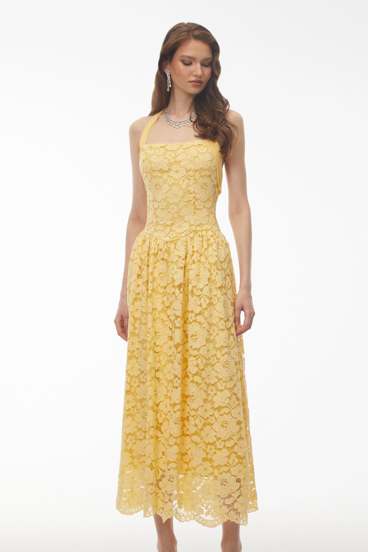 Victoria Butter Yellow Floral Lace Halterneck Midi Dress