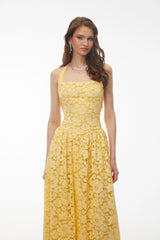 Victoria Butter Yellow Floral Lace Halterneck Midi Dress