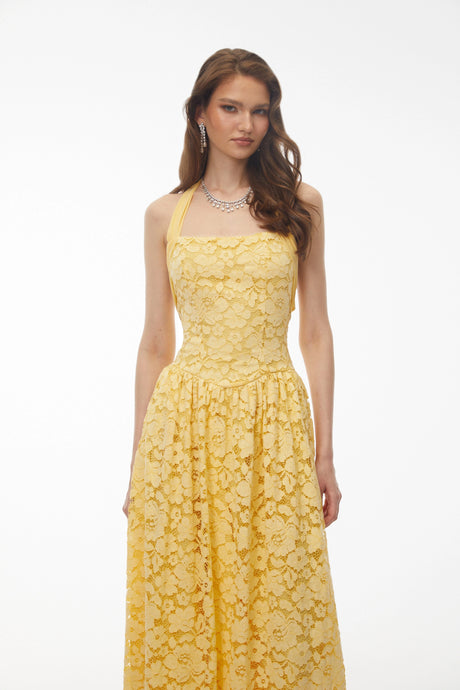Maddalena Midi Dress Butter Yellow Floral Lace Halterneck