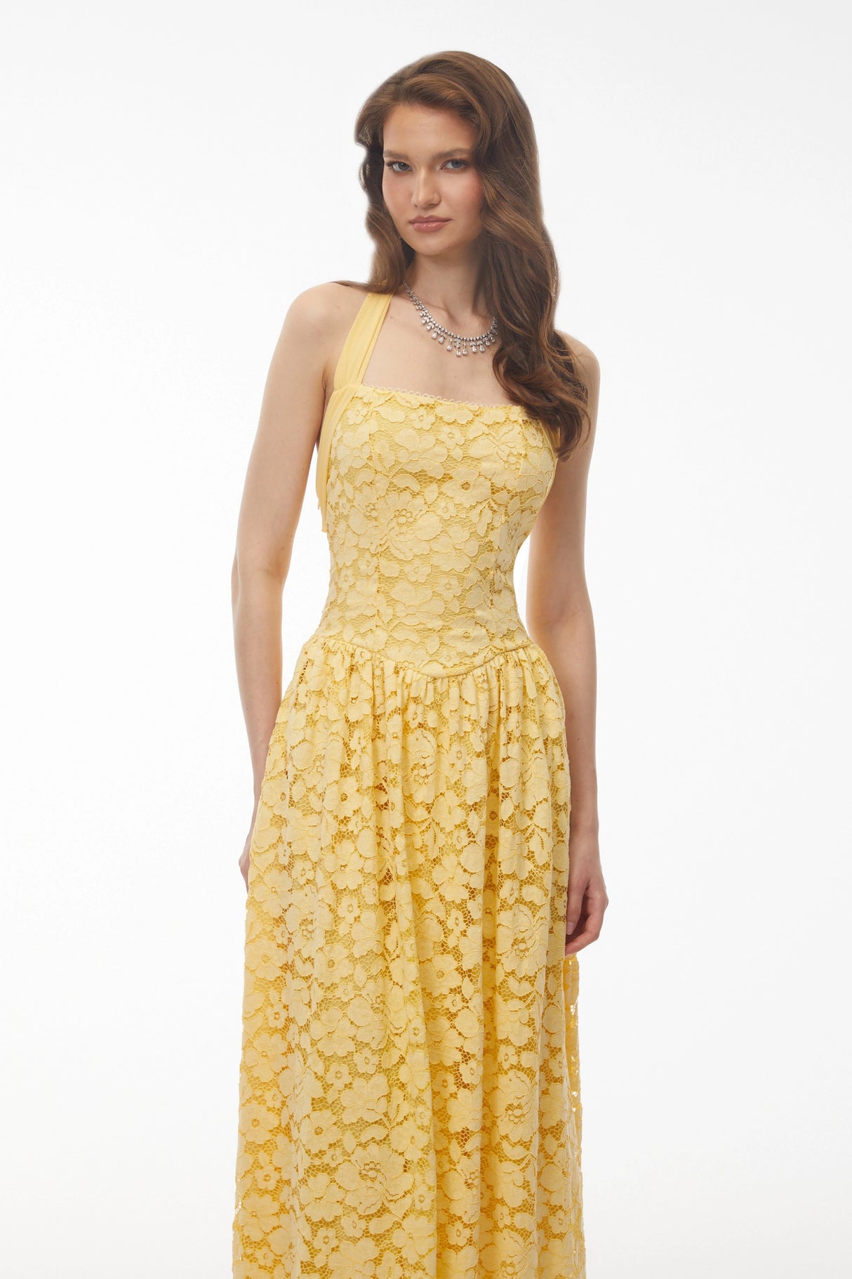 Victoria Butter Yellow Floral Lace Halterneck Midi Dress