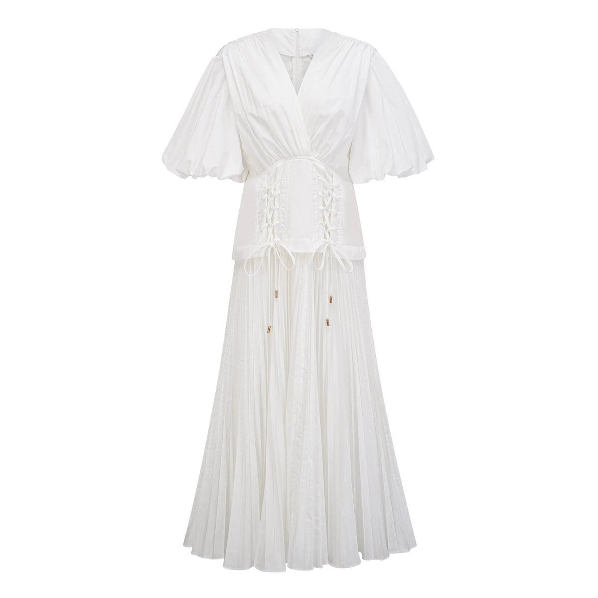 Vienne White LaceUp Pleated Maxi Dress