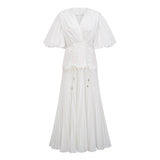 Vienne White LaceUp Pleated Maxi Dress