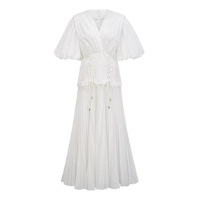 Vienne White LaceUp Pleated Maxi Dress