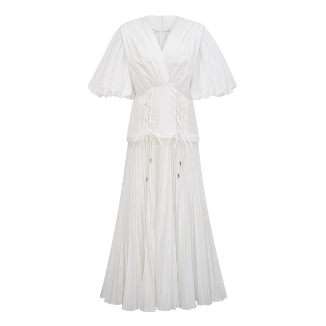 Vienne White LaceUp Pleated Maxi Dress