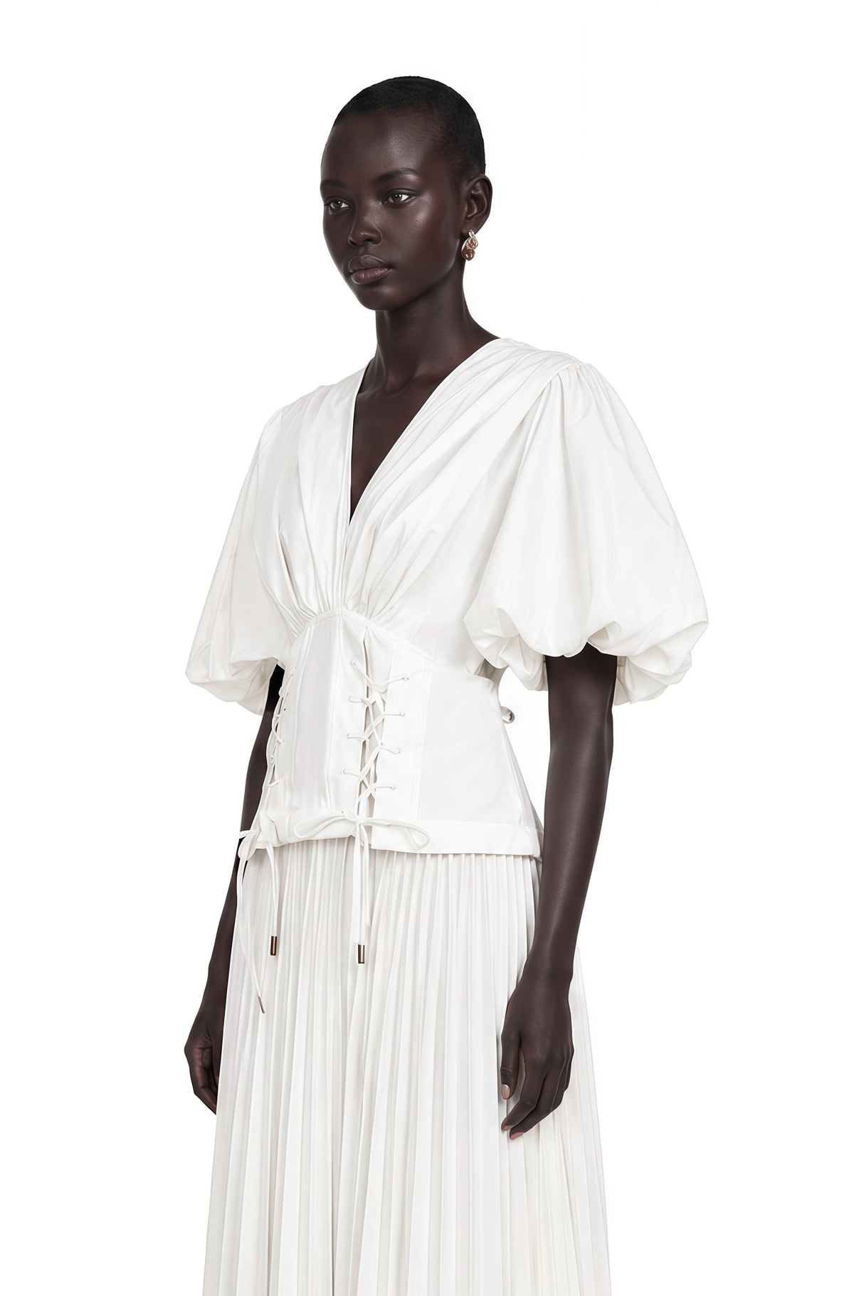 Vienne White LaceUp Pleated Maxi Dress