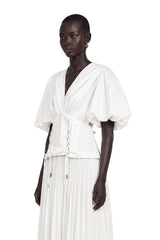 Vienne White LaceUp Pleated Maxi Dress