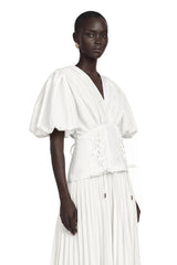 Vienne White LaceUp Pleated Maxi Dress