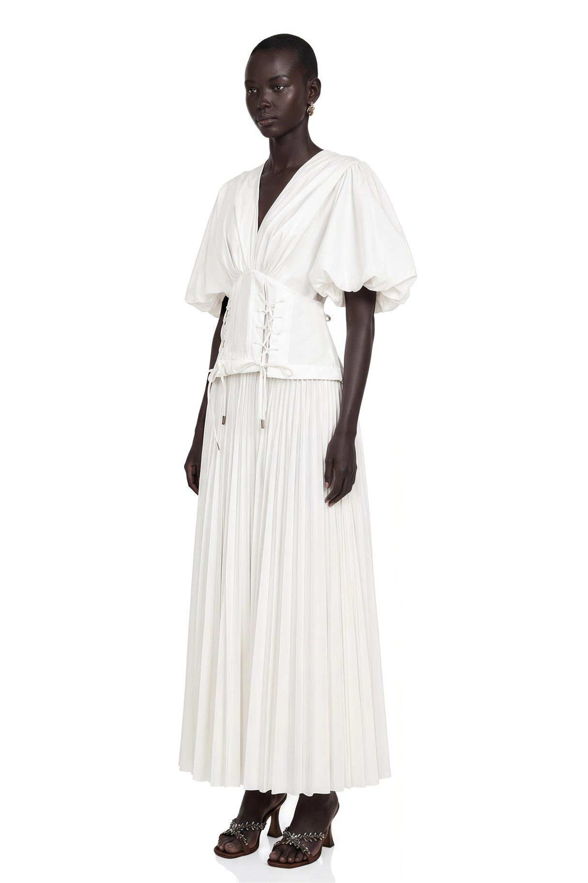 Vienne White LaceUp Pleated Maxi Dress