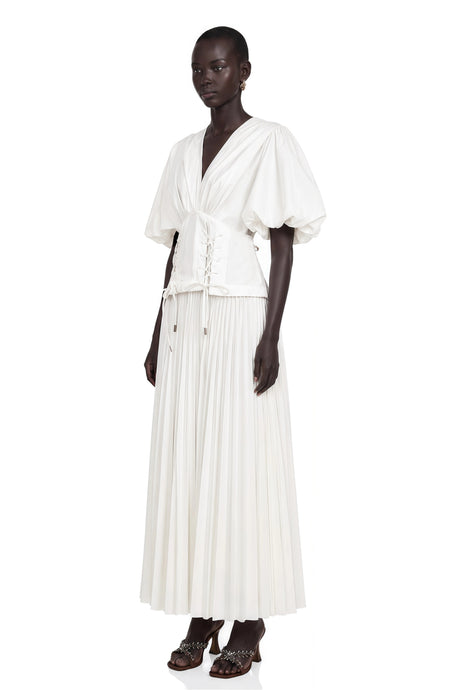 Emilia Maxi Dress White Lace-Up Pleated