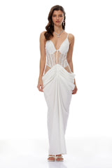 Viktoria White SemiSheer Lace Panel Maxi Dress