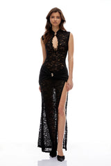 Vilde Black High Slit Floral Lace Maxi Dress