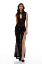 Vilde Black High Slit Floral Lace Maxi Dress