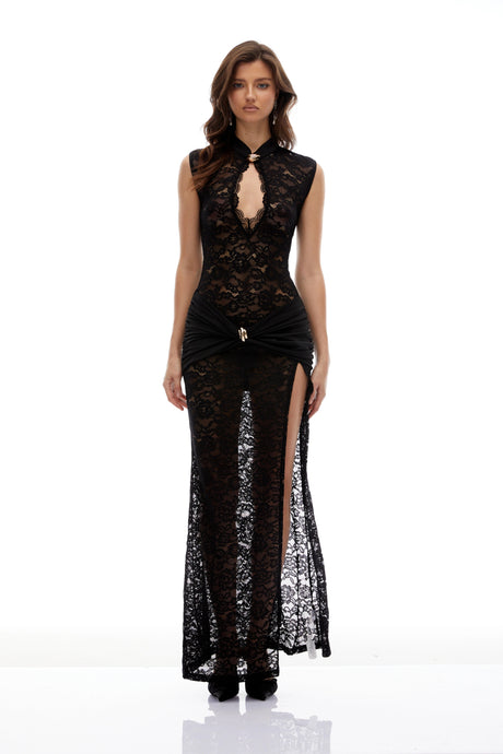 Ludovica Maxi Dress Black High Slit Floral Lace