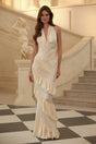 Vilhelmiina Cream White Halterneck Shirred Maxi Dress