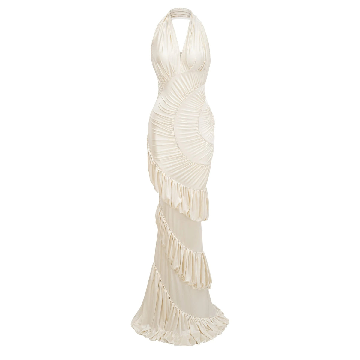 Vilhelmiina Cream White Halterneck Shirred Maxi Dress