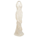 Vilhelmiina Cream White Halterneck Shirred Maxi Dress