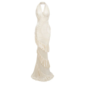 Vilhelmiina Cream White Halterneck Shirred Maxi Dress