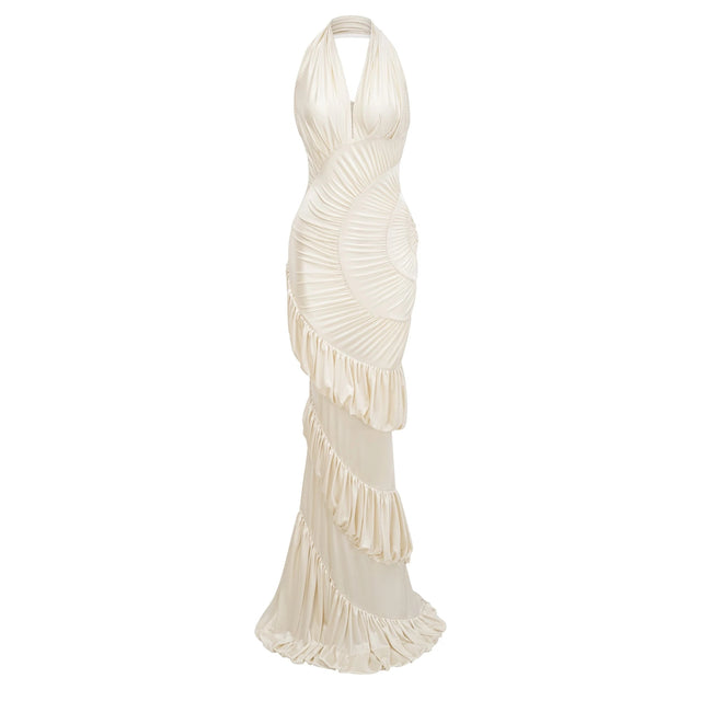 Vilhelmiina Cream White Halterneck Shirred Maxi Dress