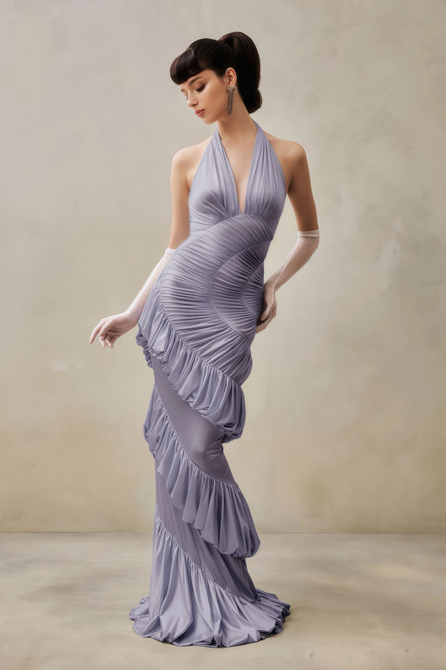 Vilhelmiina Purple Halterneck Shirred Maxi Dress