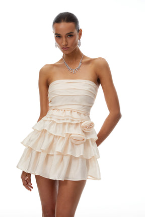 Vilja Neutral Ruffled Detail Tiered Mini Dress