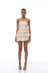 Vilja Neutral Ruffled Detail Tiered Mini Dress