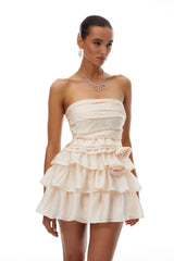 Vilja Neutral Ruffled Detail Tiered Mini Dress