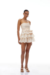 Vilja Neutral Ruffled Detail Tiered Mini Dress