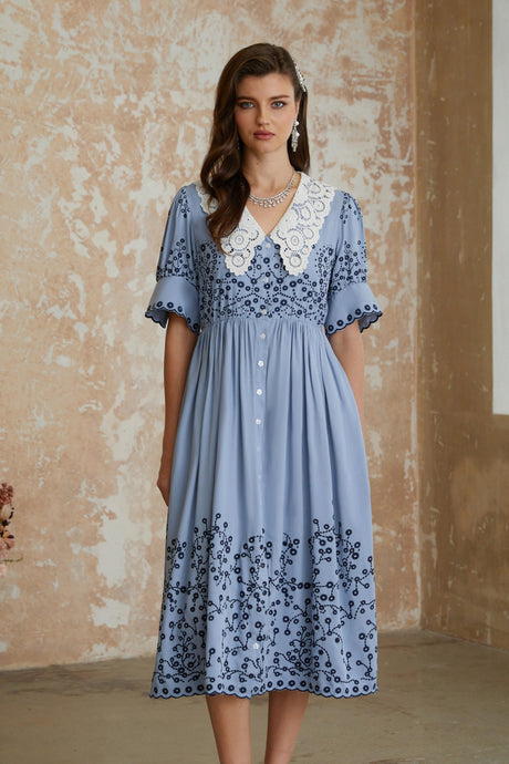 Mariah Midi Dress Blue Floral Embroidered with Lace Lapels