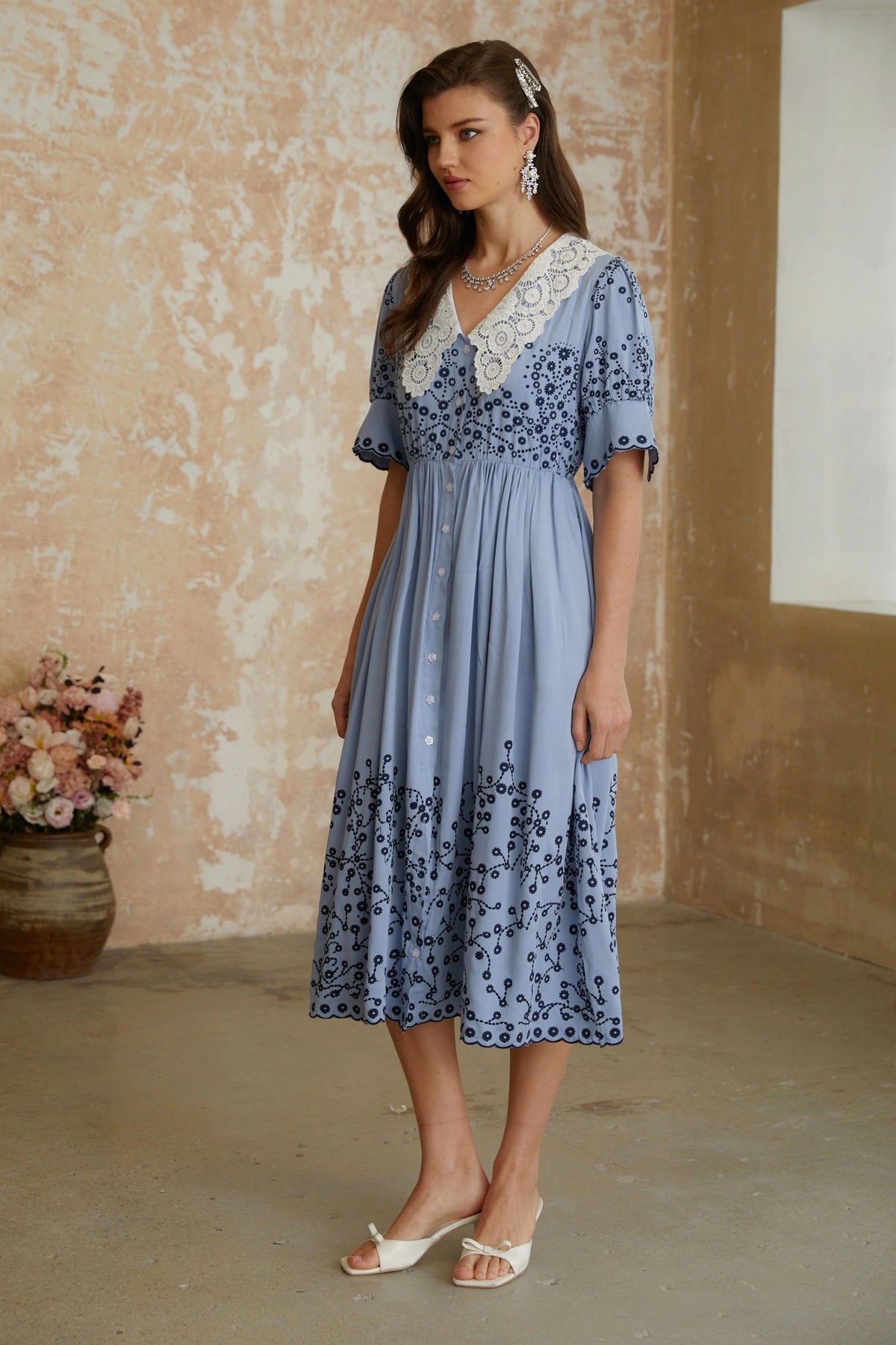 Violet Blue Floral Embroidered Midi Dress with Lace Lapels