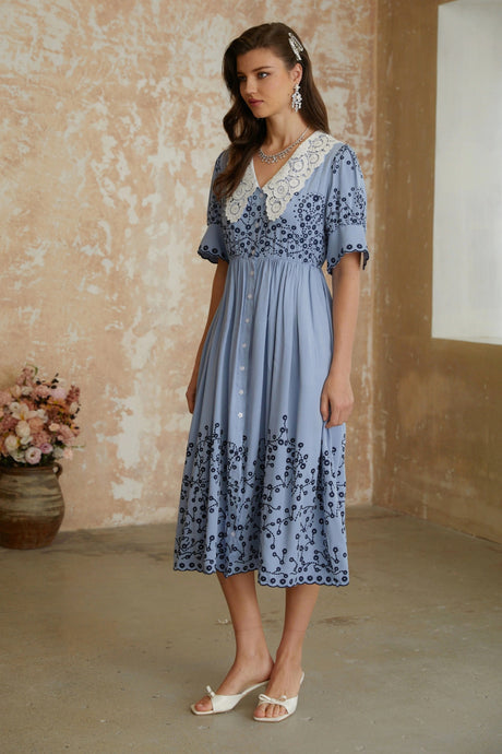 Mariah Midi Dress Blue Floral Embroidered with Lace Lapels