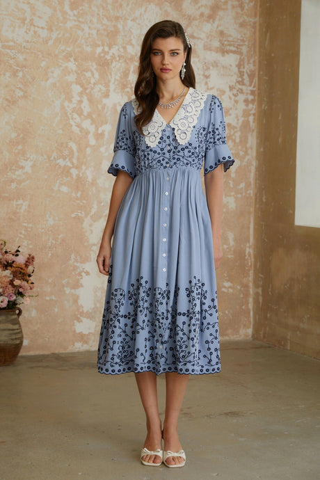 Mariah Midi Dress Blue Floral Embroidered with Lace Lapels