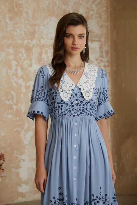 Mariah Midi Dress Blue Floral Embroidered with Lace Lapels