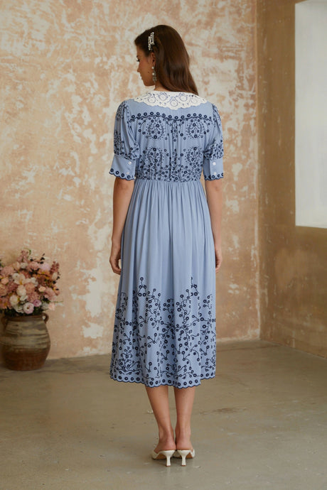 Mariah Midi Dress Blue Floral Embroidered with Lace Lapels