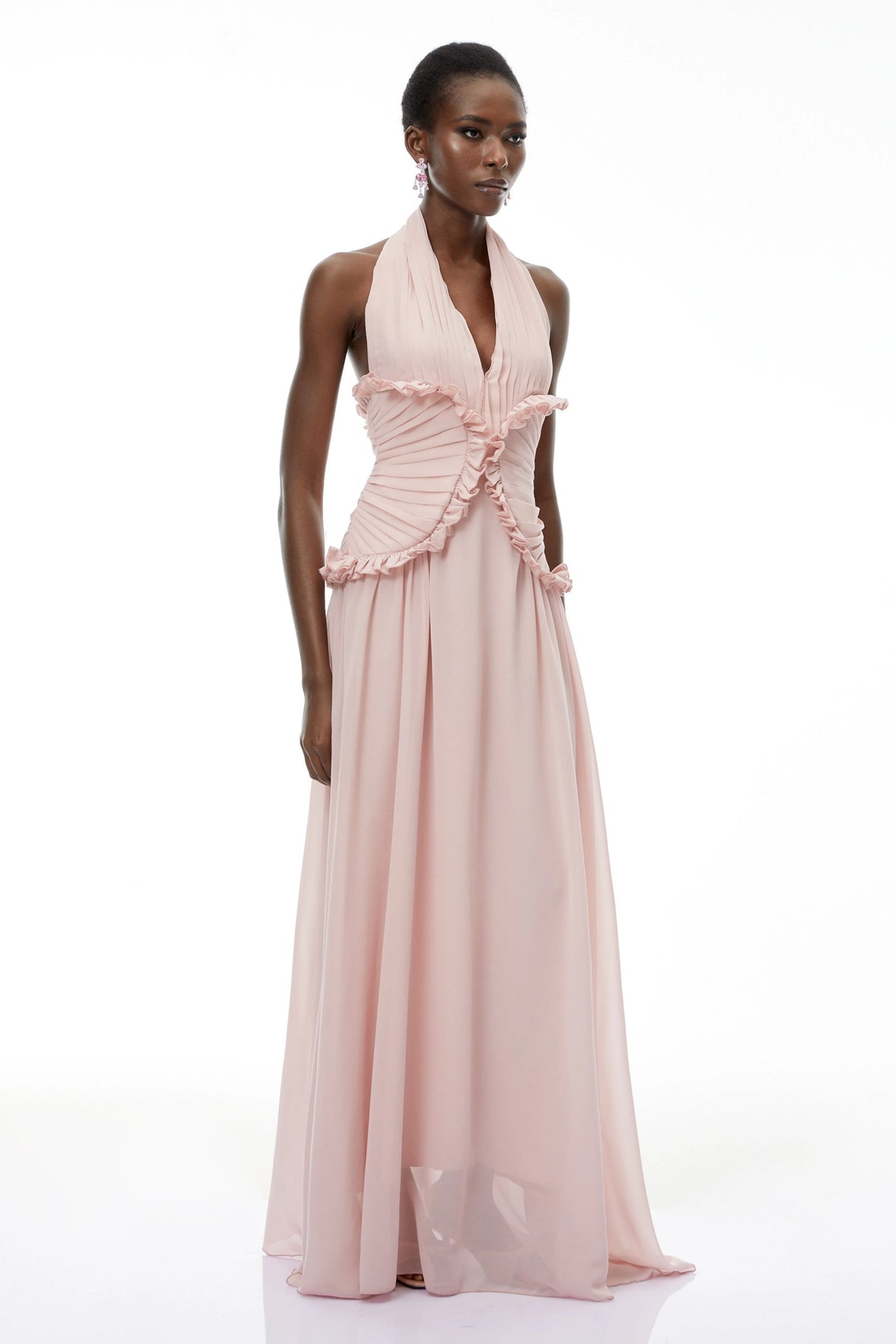 Violeta Pink Halterneck Backless Ruffled Maxi Dress