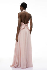 Violeta Pink Halterneck Backless Ruffled Maxi Dress