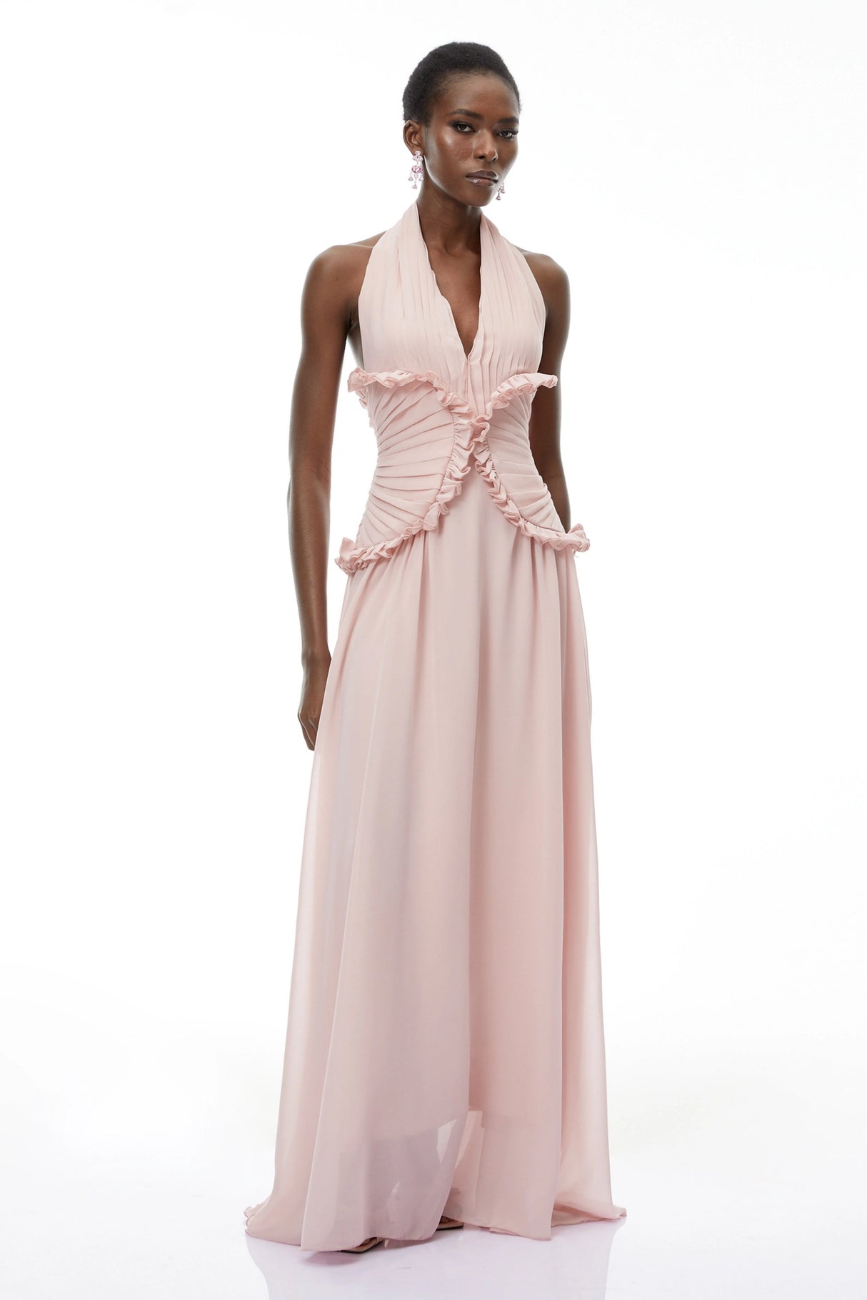 Violeta Pink Halterneck Backless Ruffled Maxi Dress