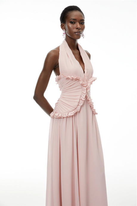 Alyson Maxi Dress Pink Halterneck Backless Ruffled