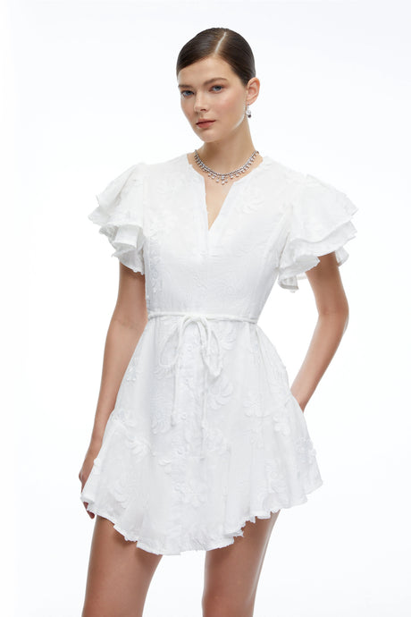 Sandra Mini Dress White Embroidered with Flutter Sleeves